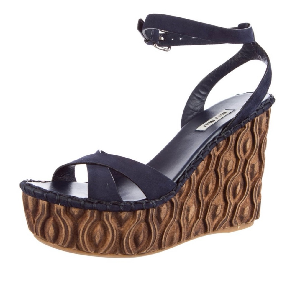 MIU MIU Dark Blue Suede Carved Wooden Platform Wedge Sandals